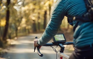 A cyclist riding a bicycle outdoors,using a GPS device for route navigation,tracking their fitness data and exercise activity.