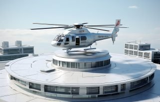 A helicopter on a rooftop sky background